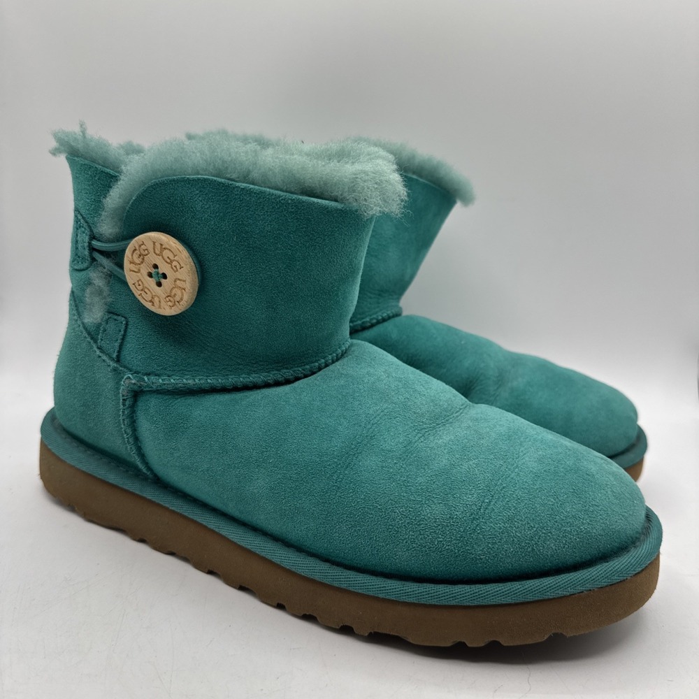 UGG Classic Mini Bailey Button AQUATIC BLUE SUEDE ANKLE WOMEN'S BOOTS SIZE US 7
